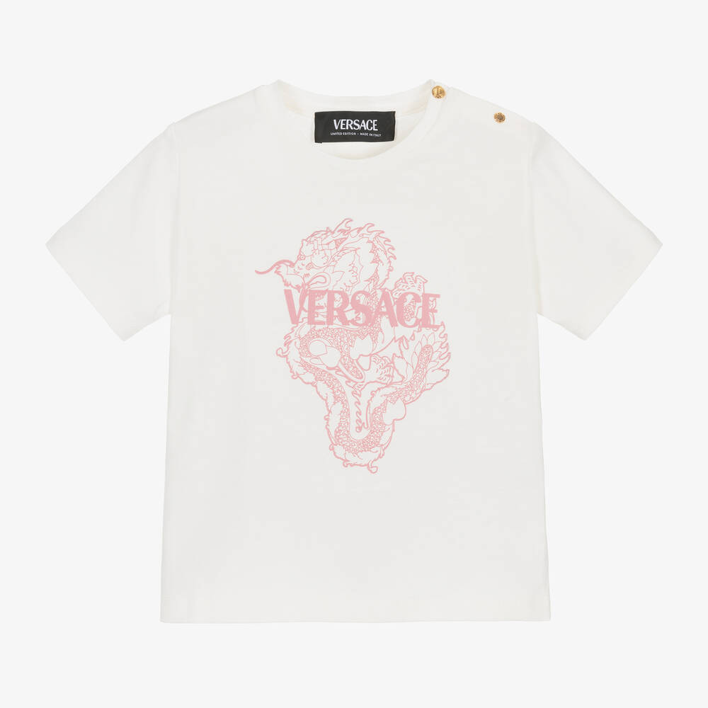 Versace-Бело-розовая футболка Dragon из хлопка для малышей | Childrensalon Outlet