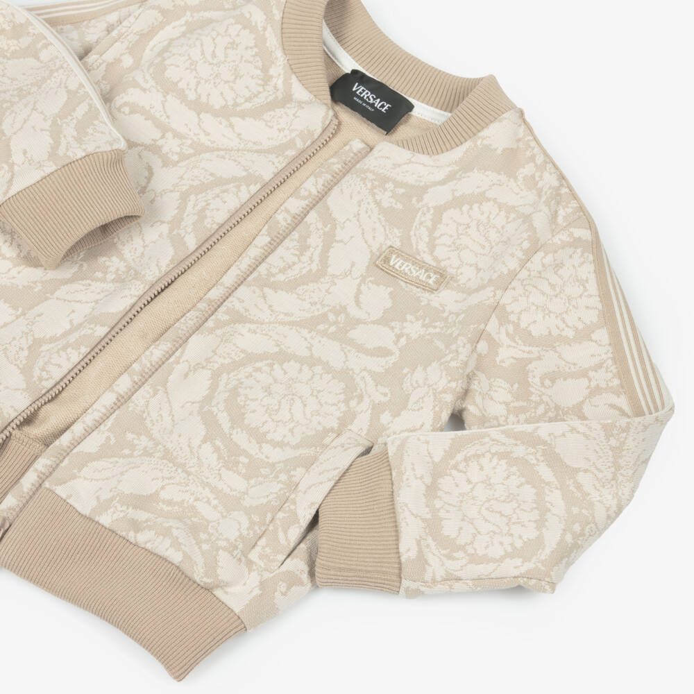 Versace-Beige Cotton Jersey Jacquard Whisper Barocco Junior Zip-Up Top | Childrensalon Outlet