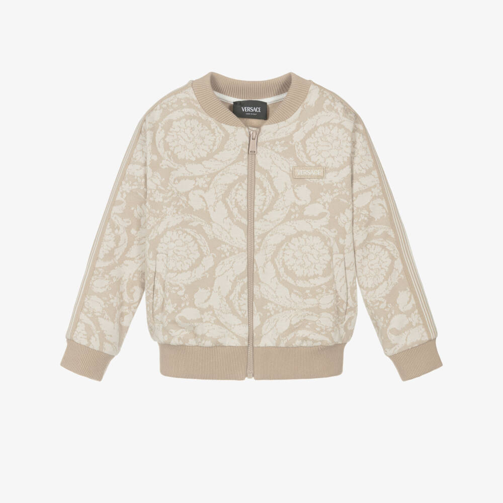 Versace-Beige Cotton Jersey Jacquard Whisper Barocco Junior Zip-Up Top | Childrensalon Outlet