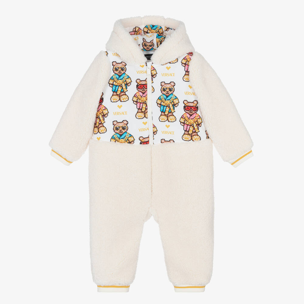 Versace - Beige Hooded Fleece Teddy Pramsuit | Childrensalon