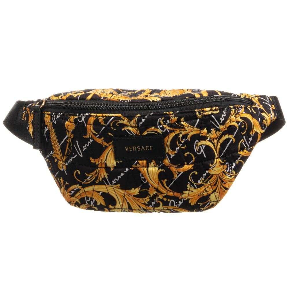 Versace - حقيبة حزام بطبعة بورود لون أسود و ذهبي (28سم) | Childrensalon