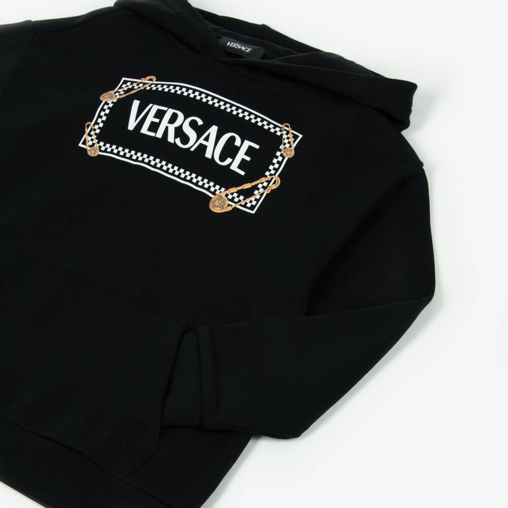 Versace-Black Cotton Hoodie with Pinned Logo Print | Childrensalon Outlet