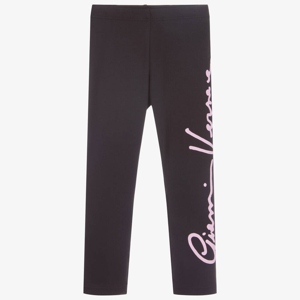 Versace-Black Cotton Logo Leggings  | Childrensalon Outlet