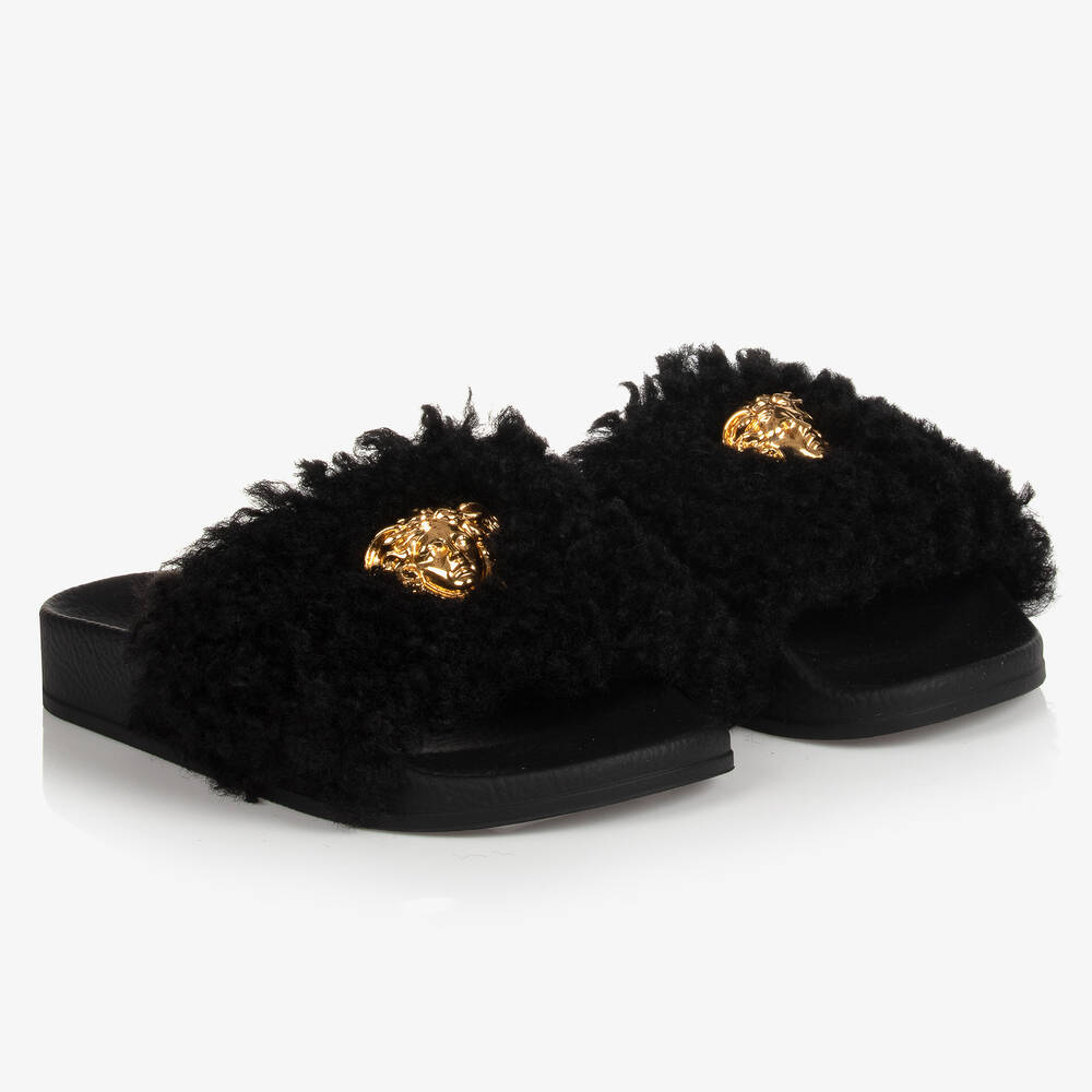 Versace Black Faux Fur Medusa Sliders Childrensalon Outlet