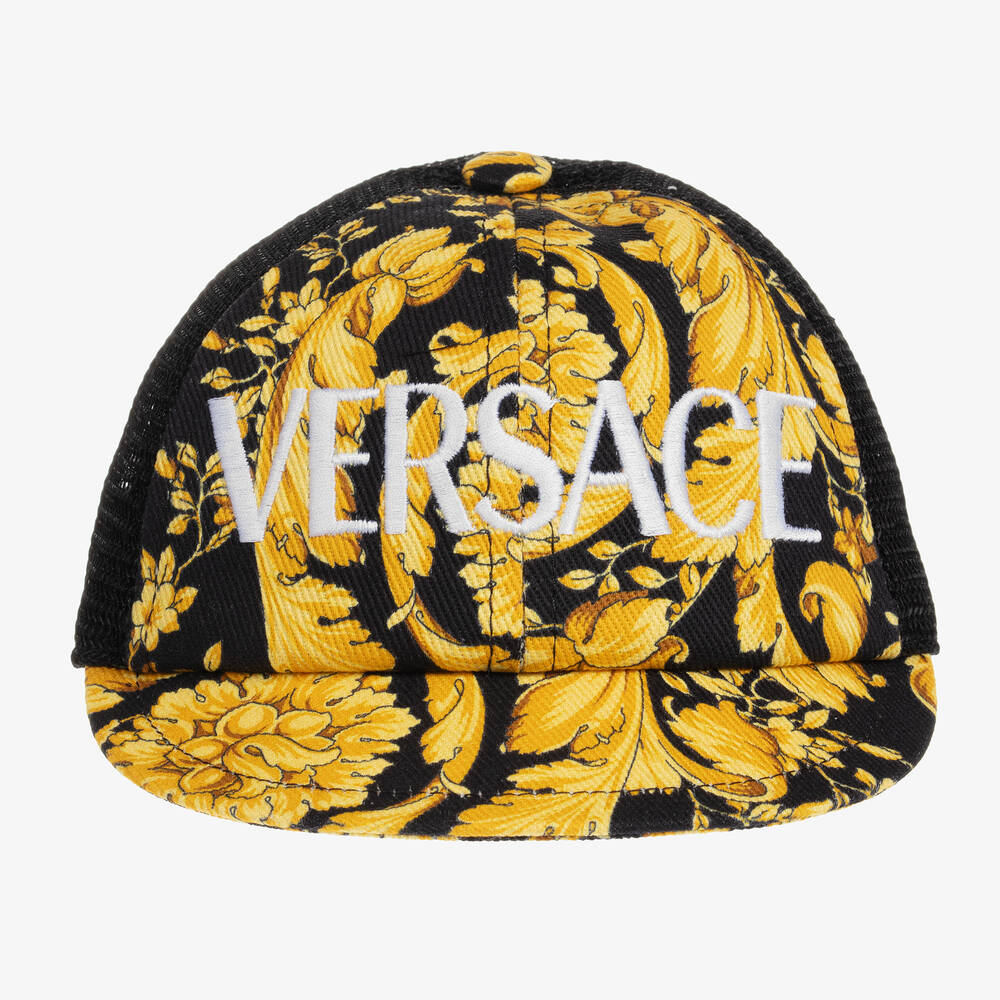 Versace-كاب قطن تويل لون أسود وذهبي بطبعة باروك | Childrensalon Outlet