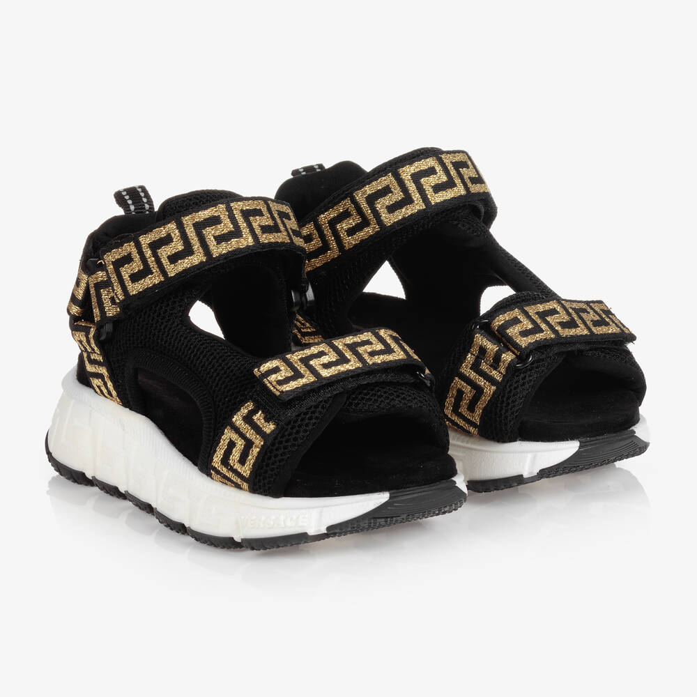 Versace - Black & Gold Greca Sandals | Childrensalon