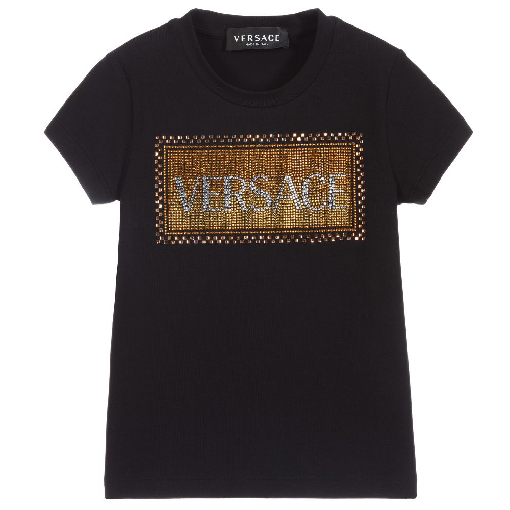 Versace - تيشيرت قطن جيرسي لون أسود وذهبي للبنات | Childrensalon