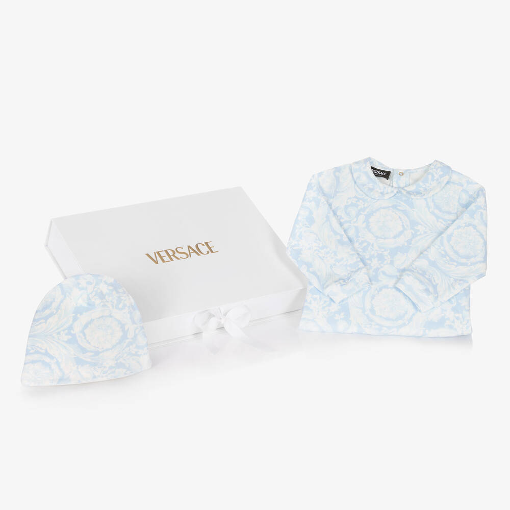 Versace-Blue Cotton Babysuit & Hat Set | Childrensalon Outlet