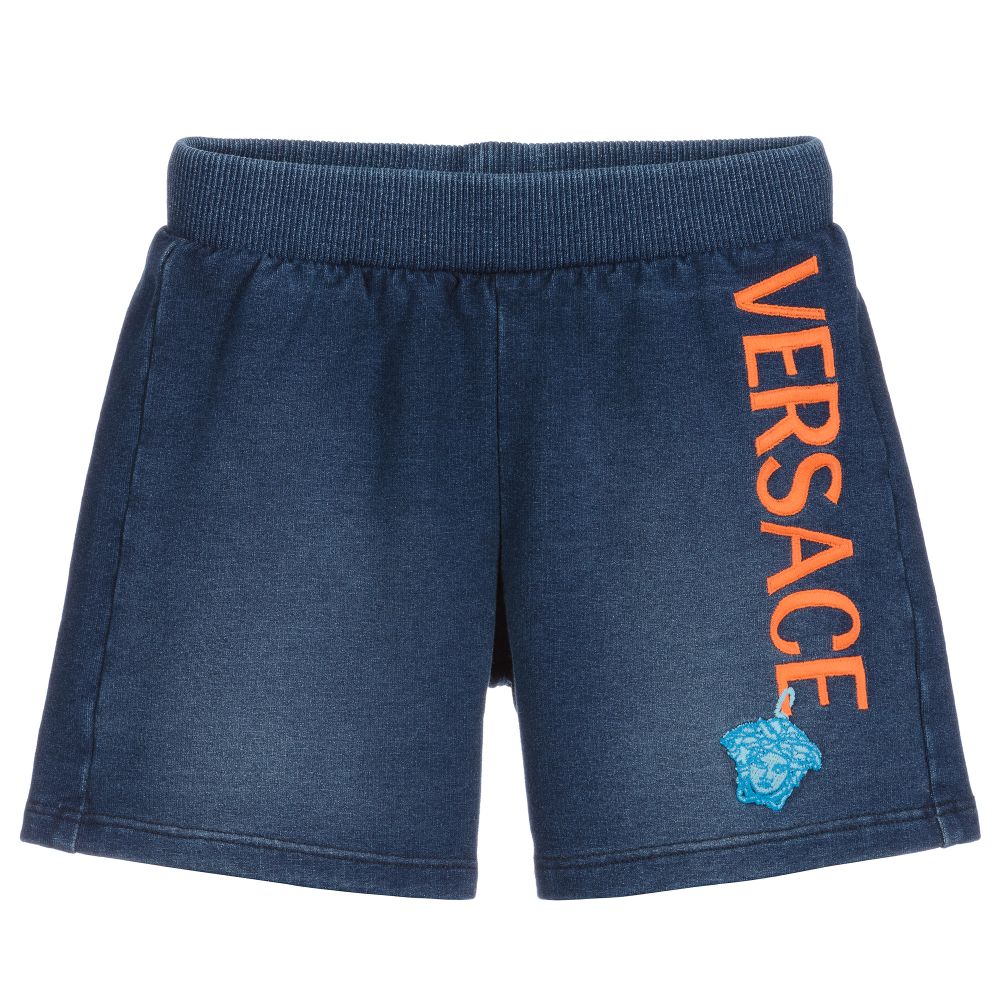 Versace - Синие шорты из хлопкового джерси с логотипом | Childrensalon