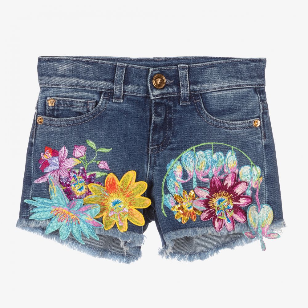 Versace-Blue Floral Denim Shorts | Childrensalon Outlet