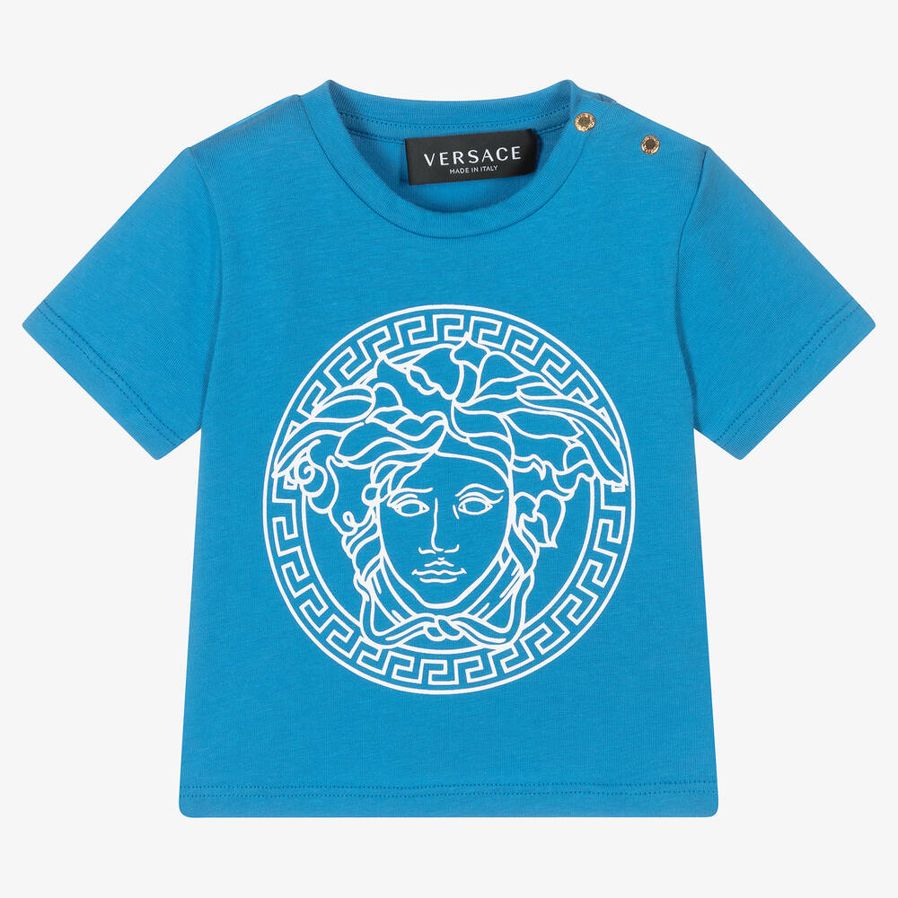 Versace - Голубая футболка с принтом Medusa для малышей | Childrensalon