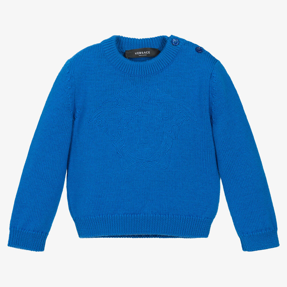 Versace - Pull bleu en maille de laine Medusa | Childrensalon