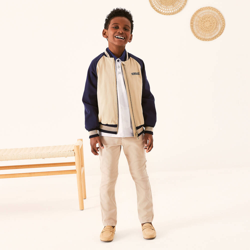 Versace Boys Beige Blue Cotton Bomber Jacket