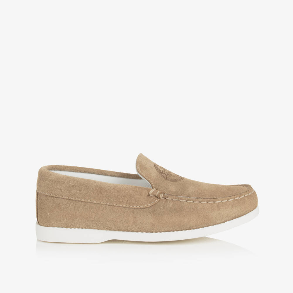 Versace-Boys Beige Suede Slip-On Loafers | Childrensalon Outlet