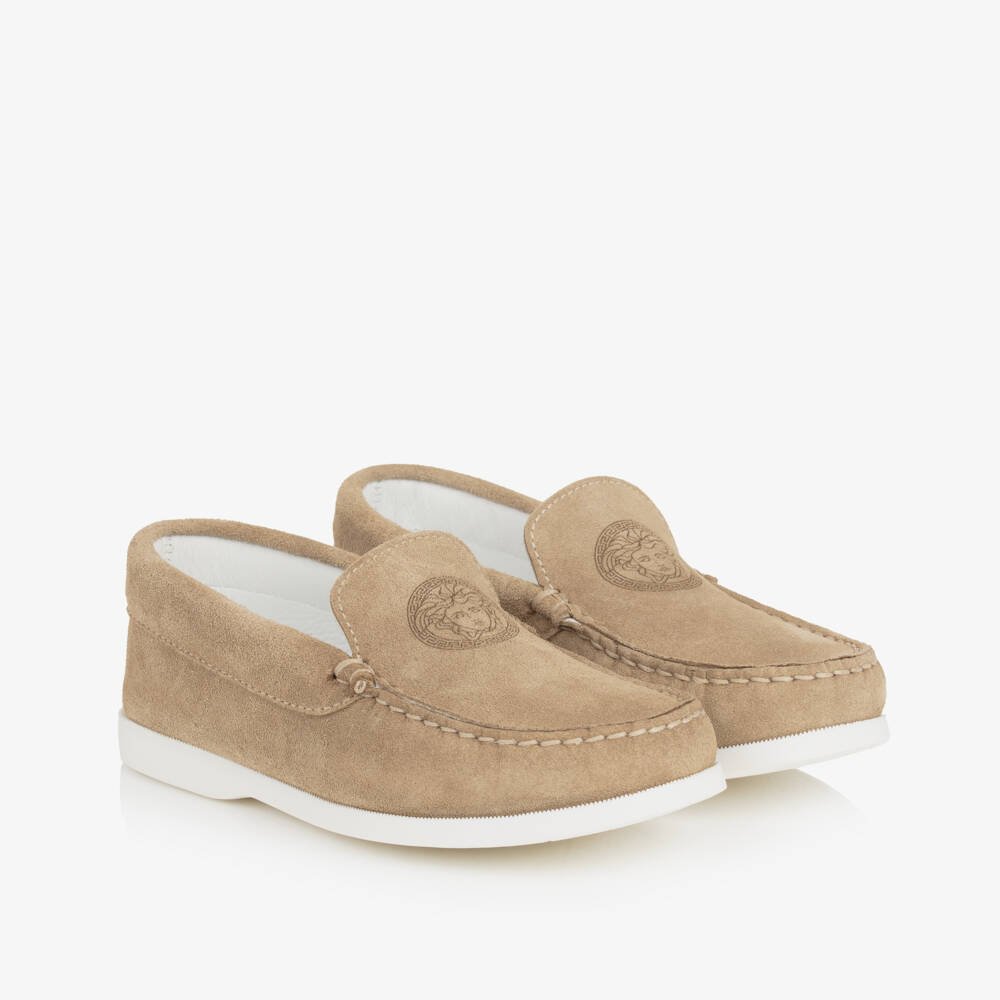Versace-Boys Beige Suede Slip-On Loafers | Childrensalon Outlet