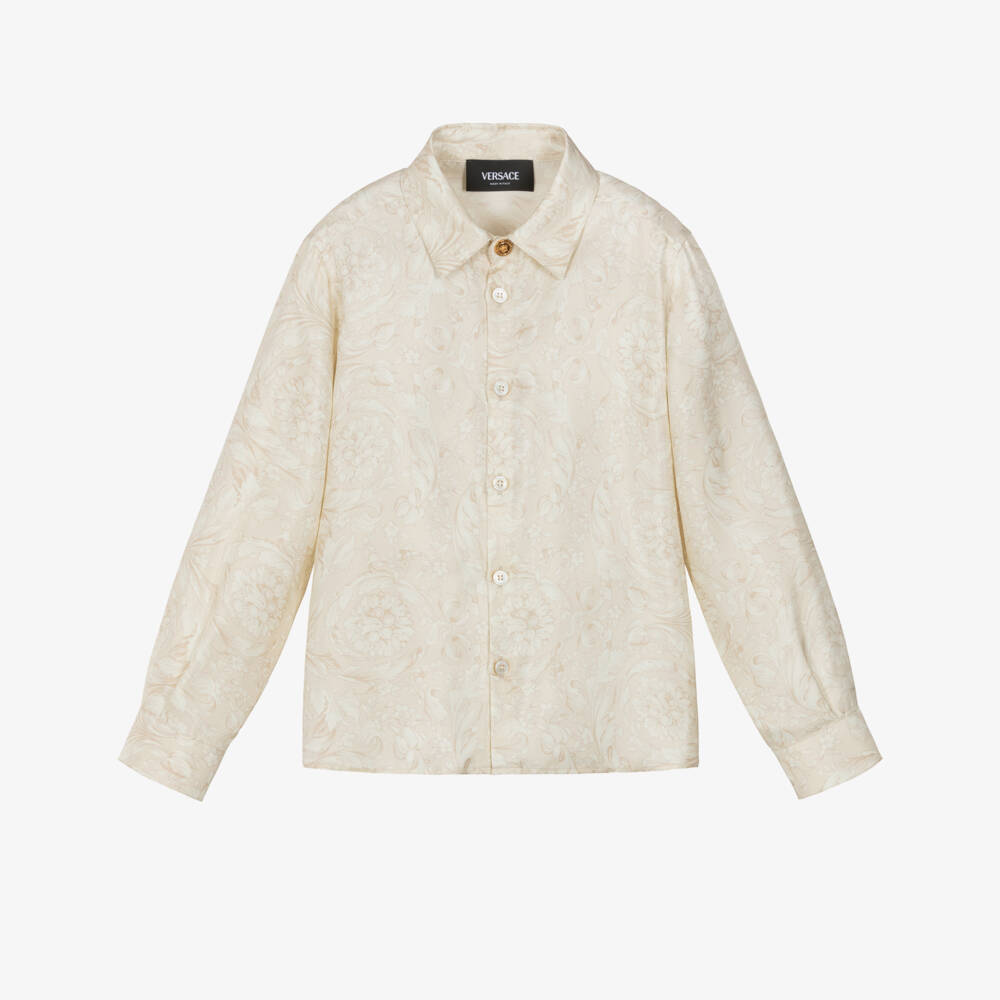 Versace-Boys Beige Whisper Barocco Pure Silk Shirt | Childrensalon Outlet