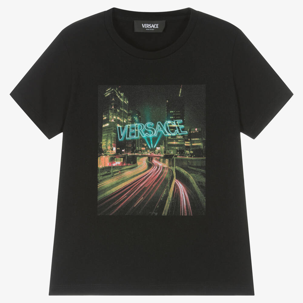 Versace - Schwarzes Logo-T-Shirt mit City Lights-Motiv für Jungen | Childrensalon