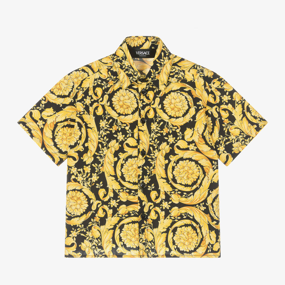 Versace-Черно-золотистая рубашка Barocco из хлопка для мальчиков | Childrensalon Outlet