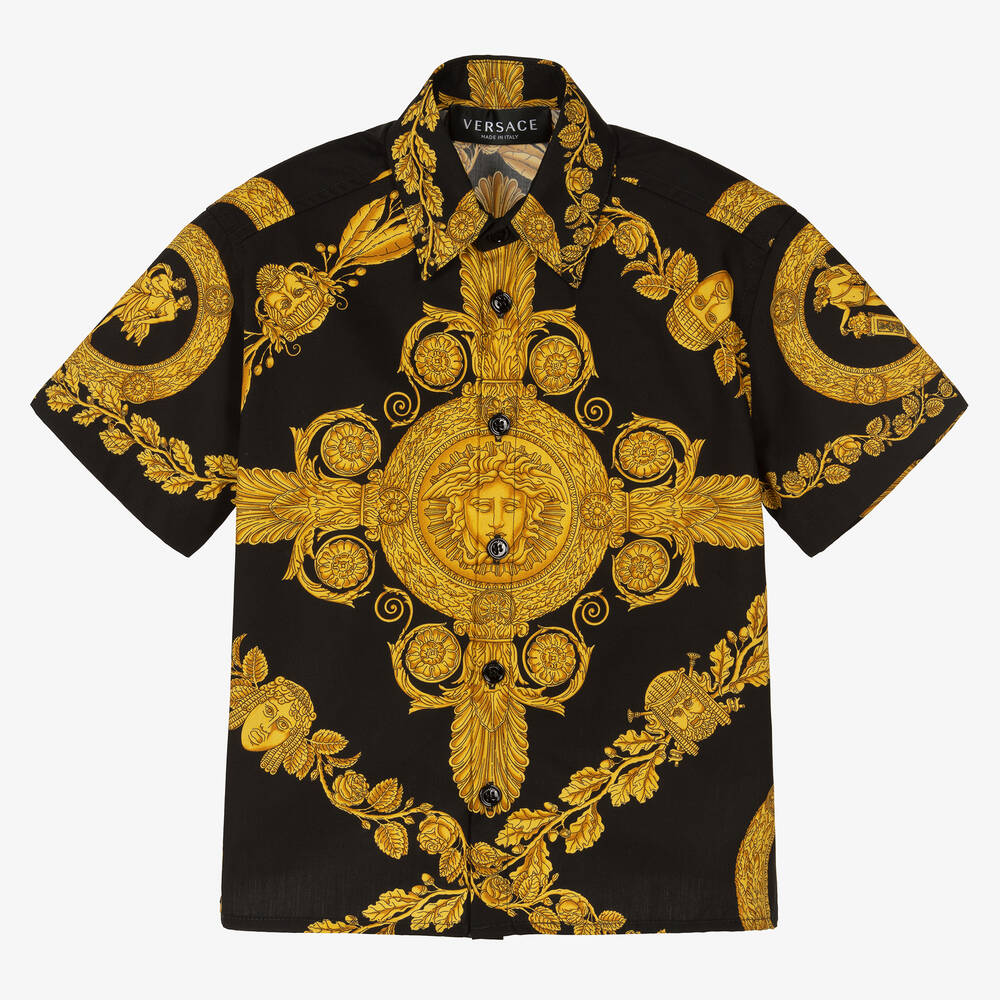 Versace - Boys Black & Gold Cotton Barocco Shirt | Childrensalon Outlet