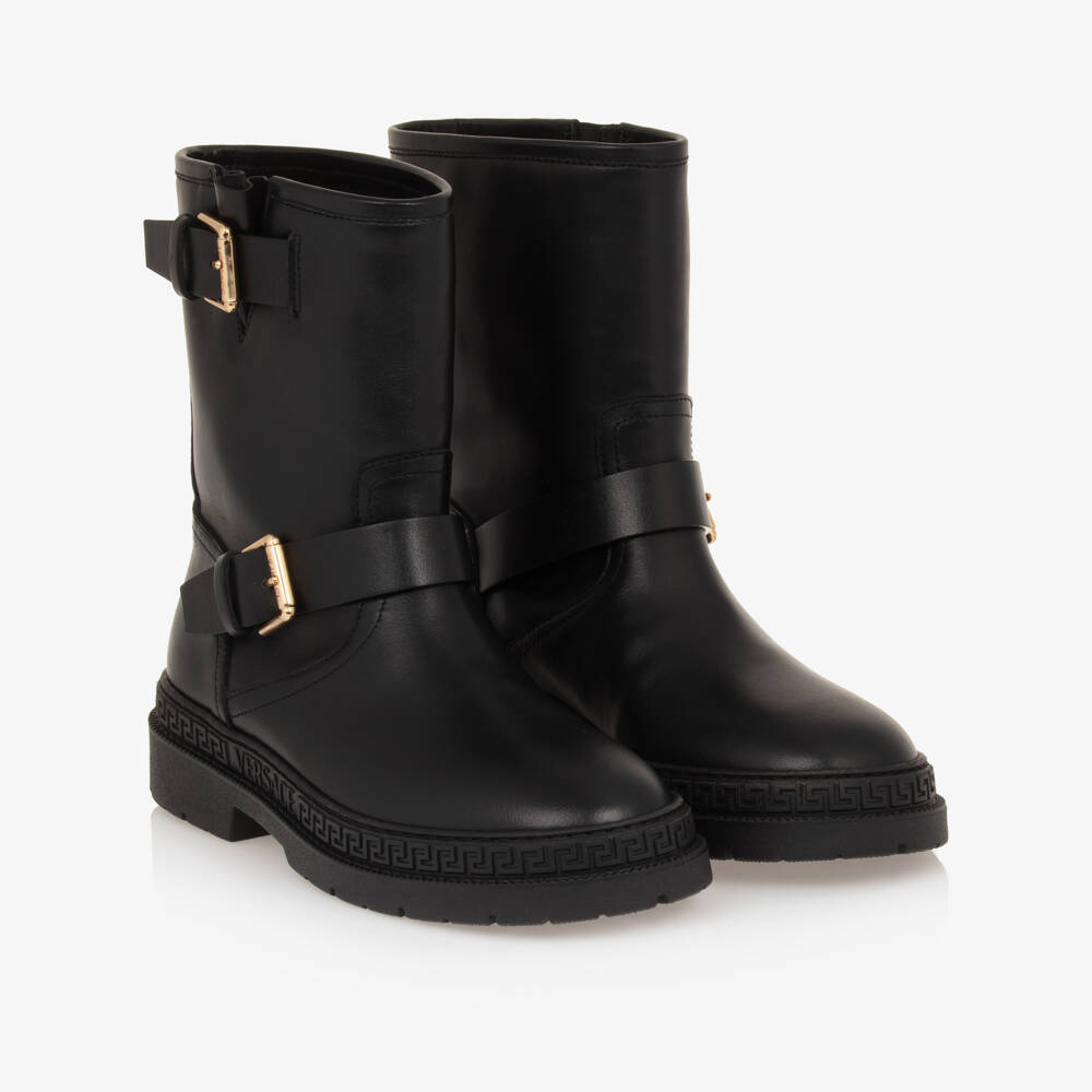 Versace-Boys Black Leather Biker Boots | Childrensalon Outlet