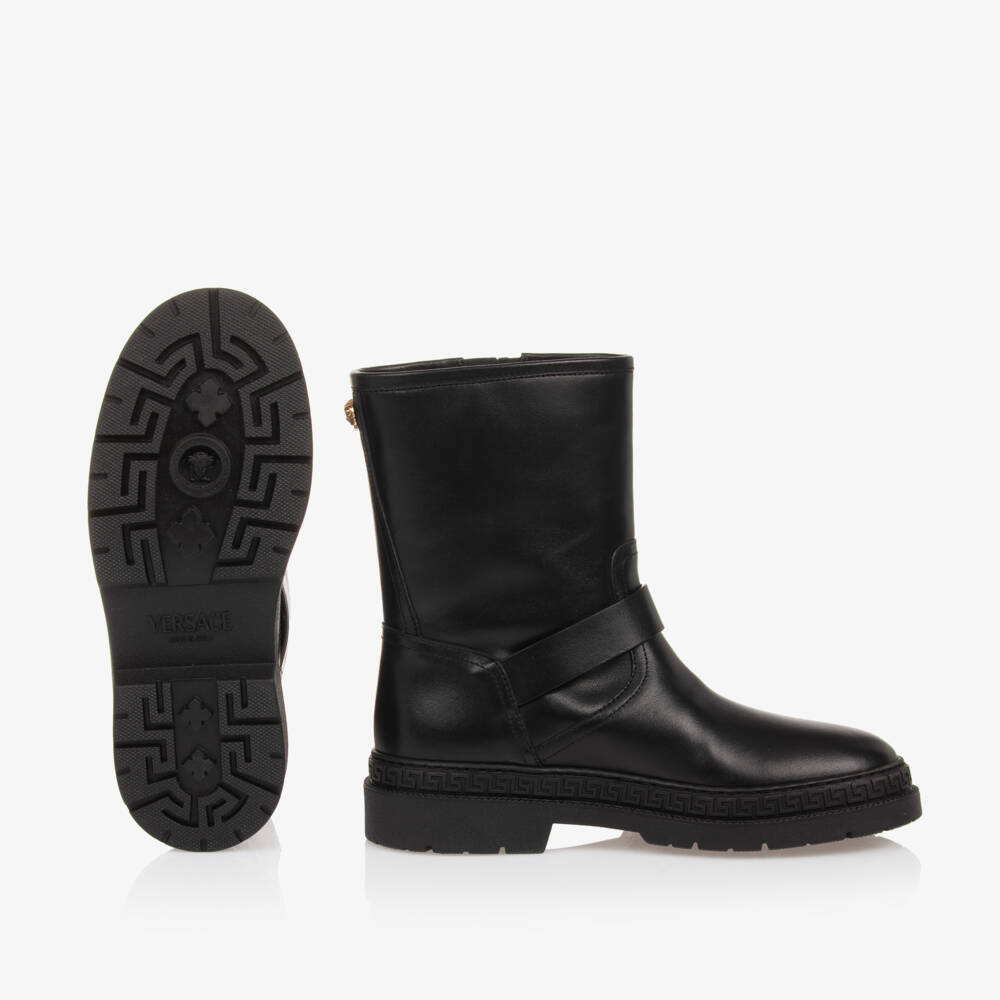 Versace-Boys Black Leather Biker Boots | Childrensalon Outlet