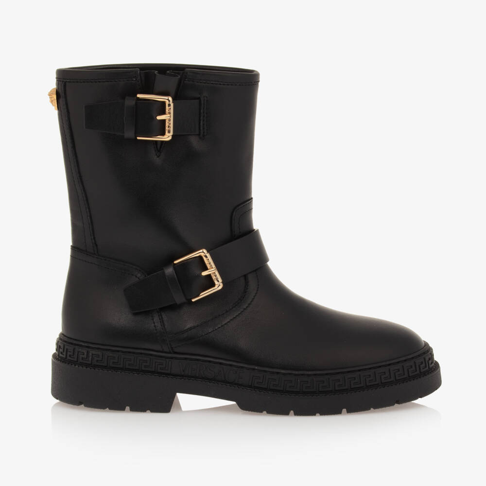 Versace-Boys Black Leather Biker Boots | Childrensalon Outlet
