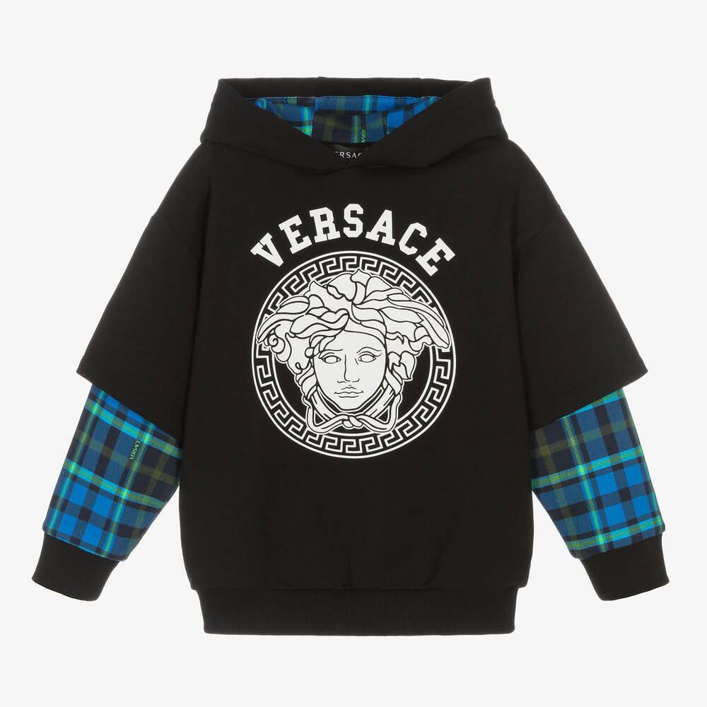 Versace - Boys Black & Tartan Cotton Hoodie | Childrensalon