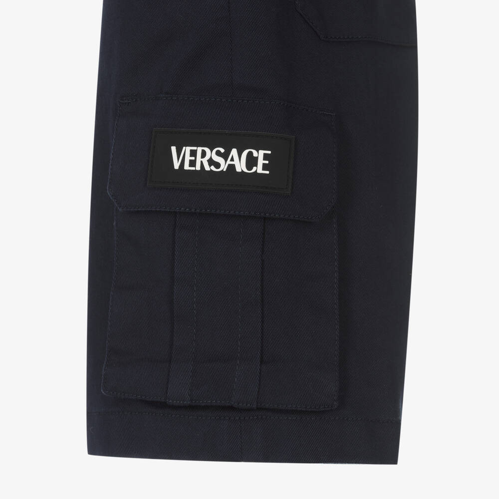 Versace-Boys Blue Cotton Greca Logo Bermuda Shorts | Childrensalon Outlet