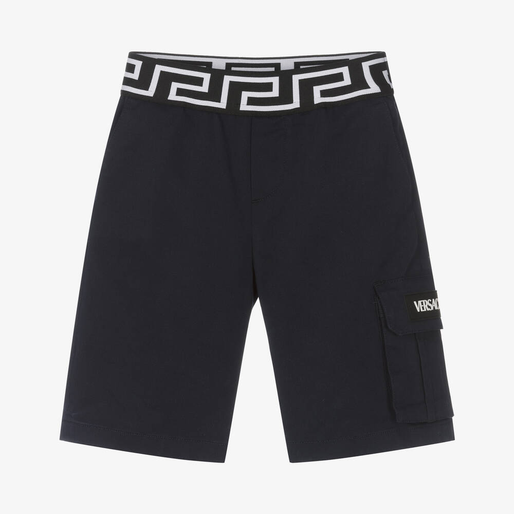 Versace - Boys Blue Cotton Greca Logo Bermuda Shorts | Childrensalon