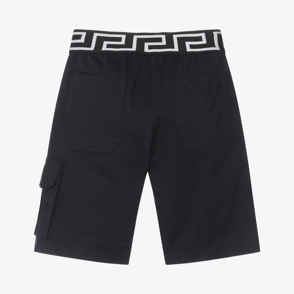 Versace-Boys Blue Cotton Greca Logo Bermuda Shorts | Childrensalon Outlet
