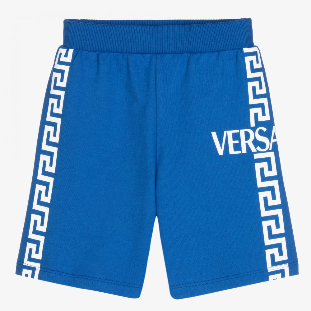 Versace - Boys Blue Cotton Greca Shorts | Childrensalon
