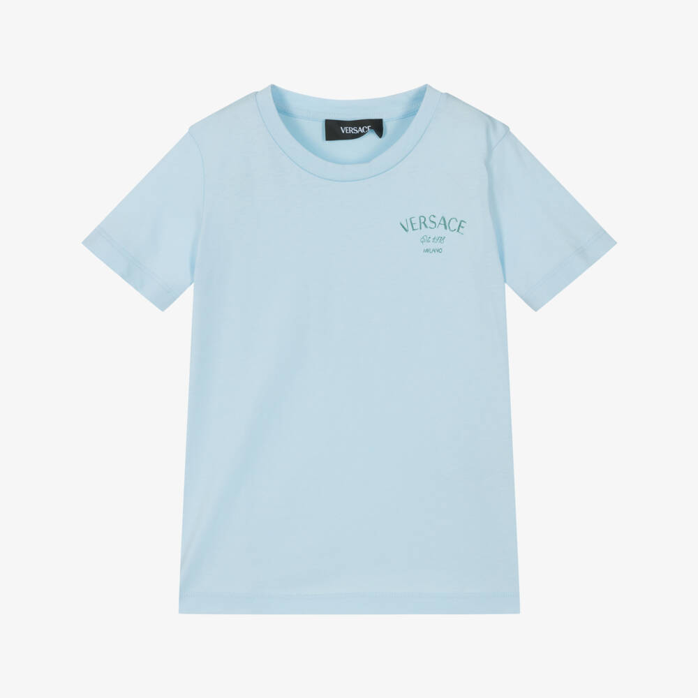 Versace-Boys Blue Cotton Logo Tee | Childrensalon Outlet