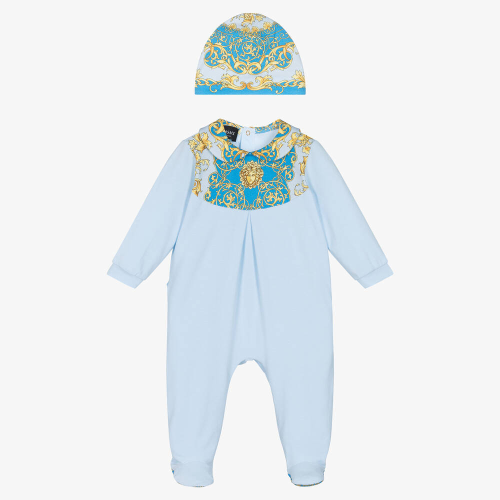 Versace -  بِدلة أفرول وقبعة قطن جيرسي لون أزرق للمواليد | Childrensalon