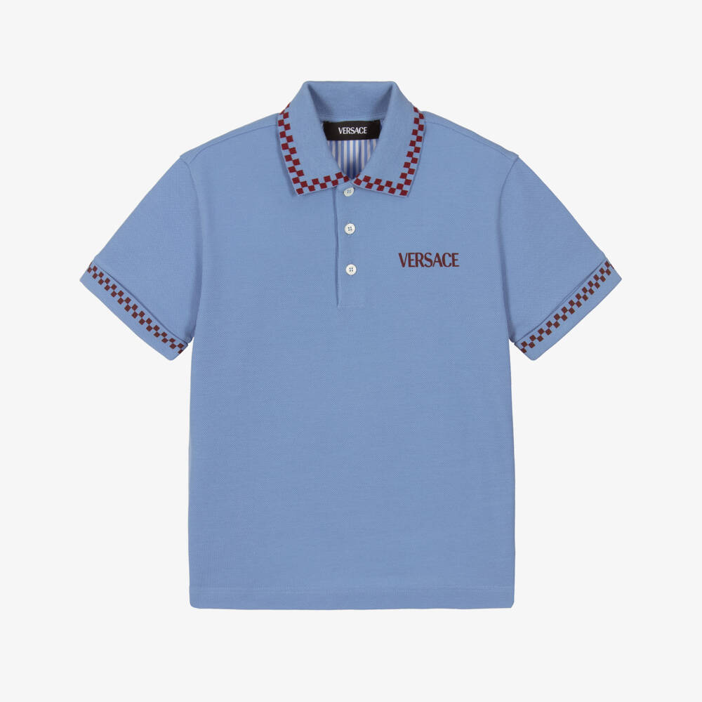 Versace-Рубашка поло синяя с клетчатой отделкой для мальчиков | Childrensalon Outlet
