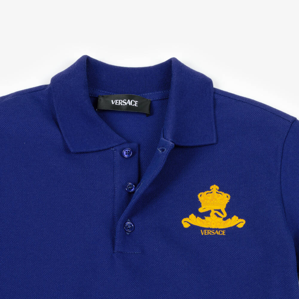 Versace-Boys Blue Cotton Polo Shirt with Crown Logo Crest | Childrensalon Outlet