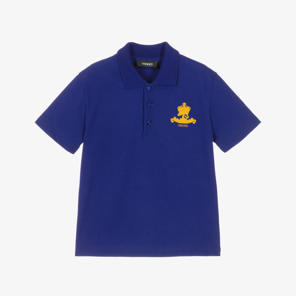 Versace-Boys Blue Cotton Polo Shirt with Crown Logo Crest | Childrensalon Outlet