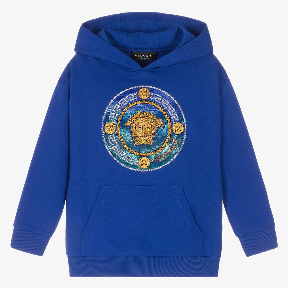 Versace - Sweat à capuche bleu strassé Medusa | Childrensalon