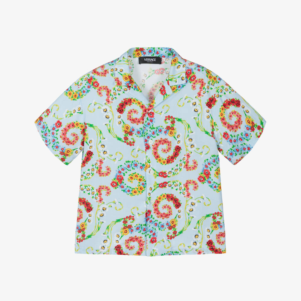 Versace-Рубашка синий с цветочным узором для мальчиков | Childrensalon Outlet