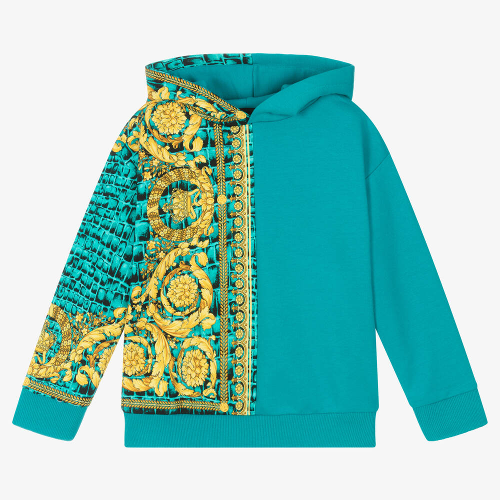 Versace - Sweat à capuche bleu doré Barocco | Childrensalon