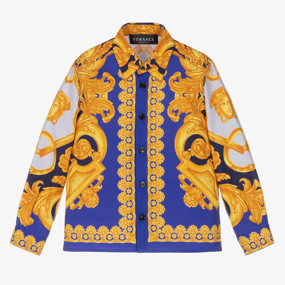 Versace - قميص قطن بوبلين لون أزرق وذهبي بطبعة الباروك | Childrensalon