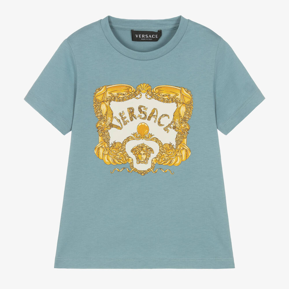 Versace - Золотисто-голубая хлопковая футболка для мальчиков | Childrensalon