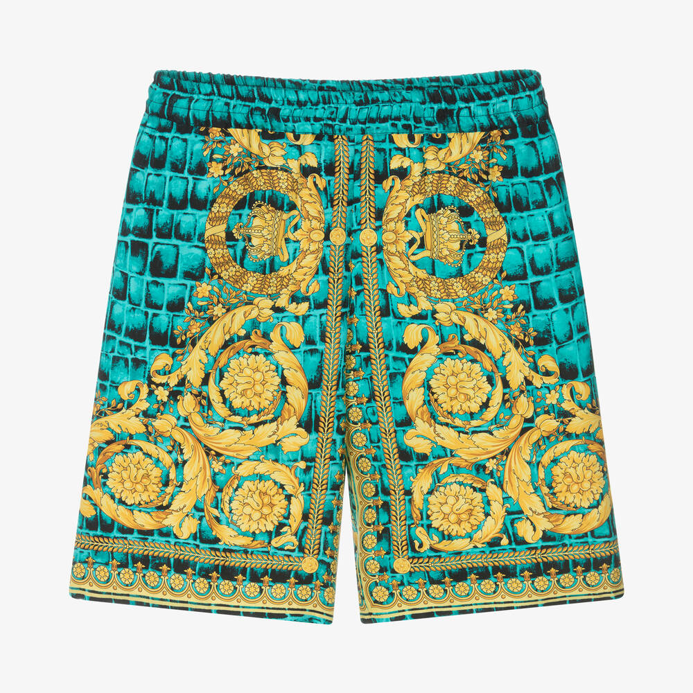 Versace - Boys Blue & Gold Silk Barocco Crocodile Shorts | Childrensalon