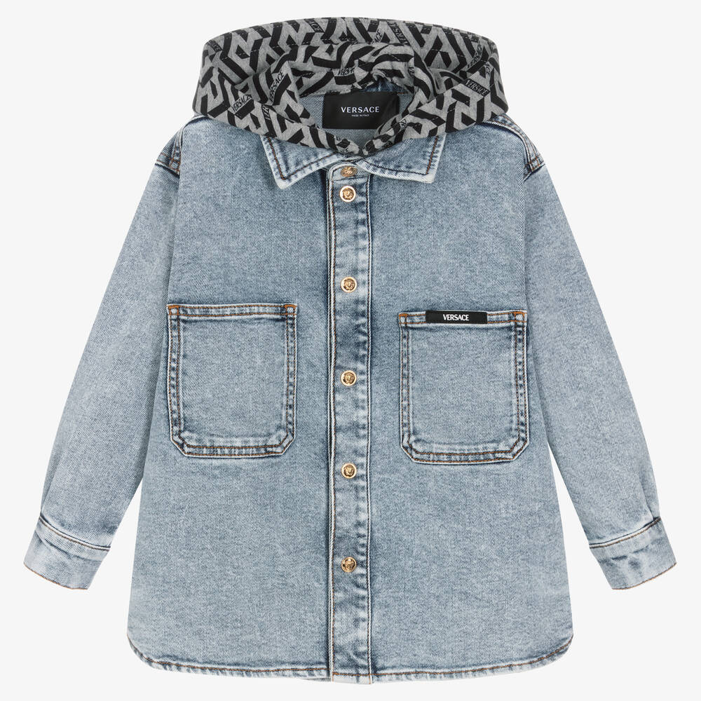 Versace - Surchemise à capuche bleue en jean | Childrensalon