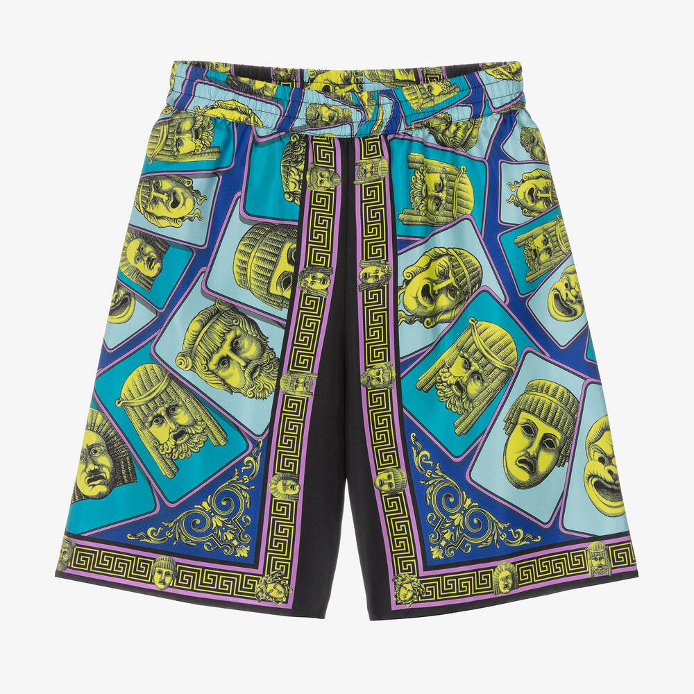 Versace-Boys Blue Maschere Print Silk Shorts | Childrensalon Outlet