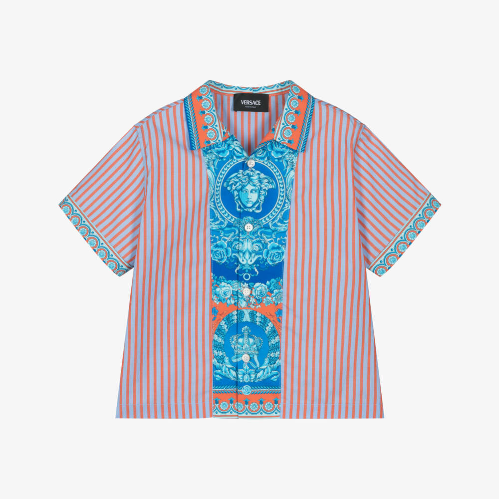 Versace-Синяя и оранжевая рубашка Barocco для малышей | Childrensalon Outlet