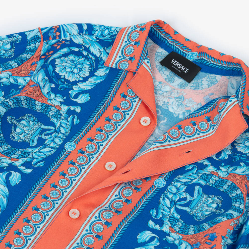 Versace-Boys Blue & Orange Shirt with Barocco Print | Childrensalon Outlet