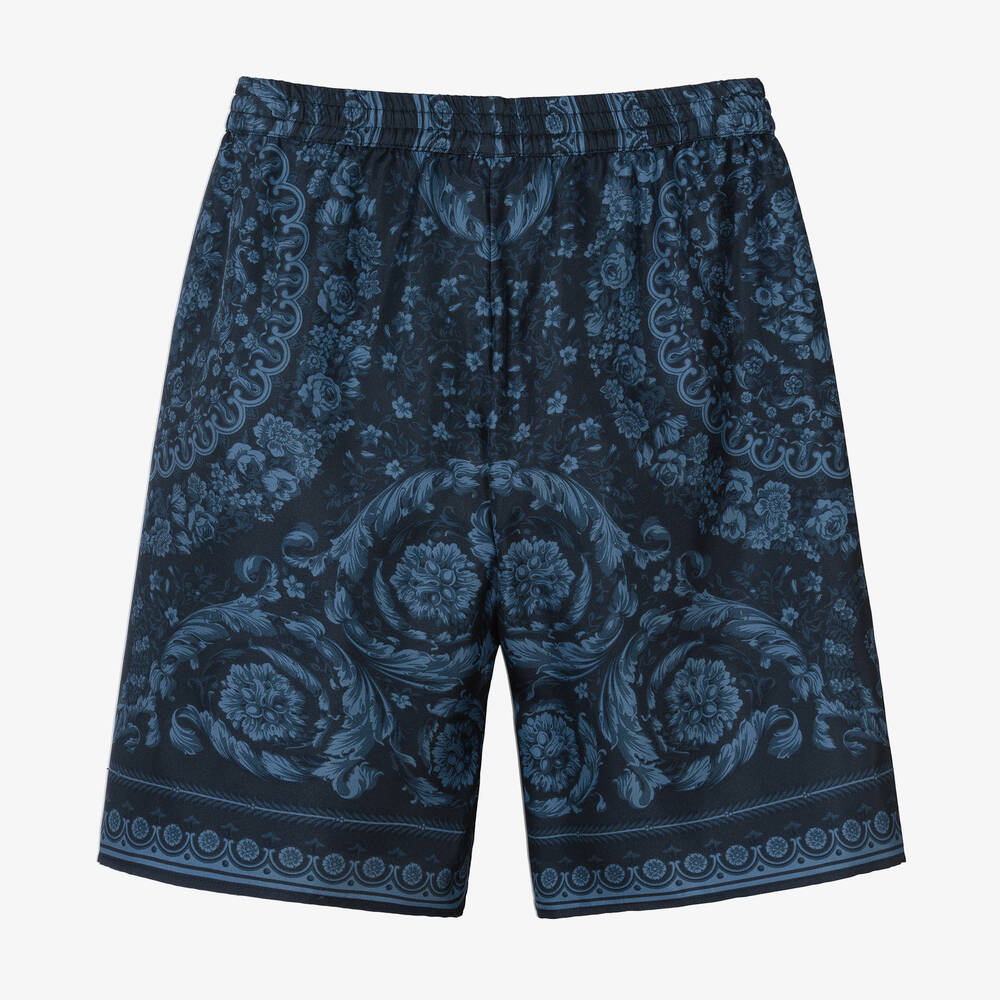 VERSACE Boys Blue Silk Barocco Print Shorts