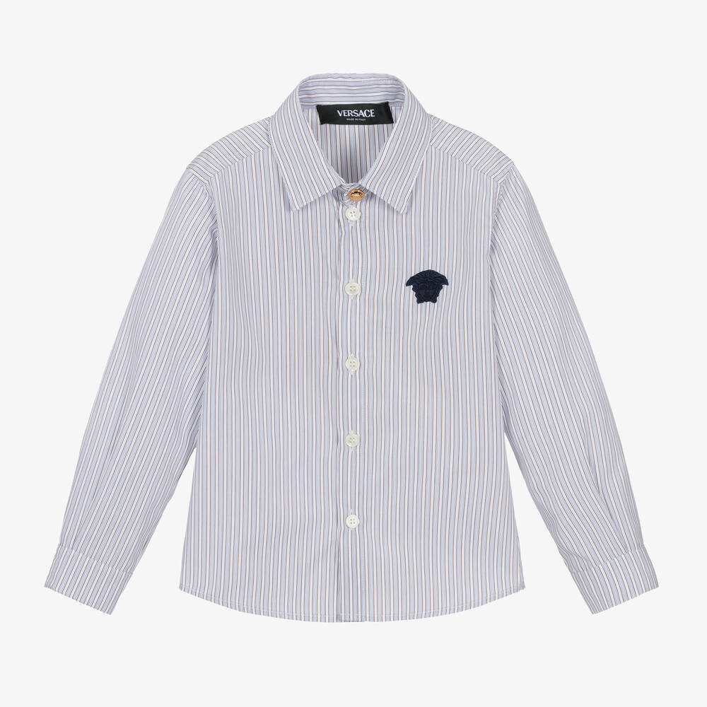 Versace-Boys Blue Striped Cotton Shirt | Childrensalon Outlet