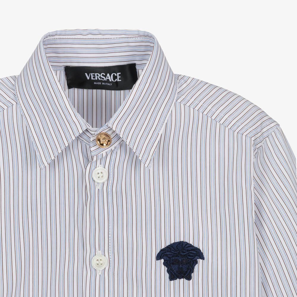 Versace-Голубая хлопковая рубашка в полоску для мальчиков | Childrensalon Outlet