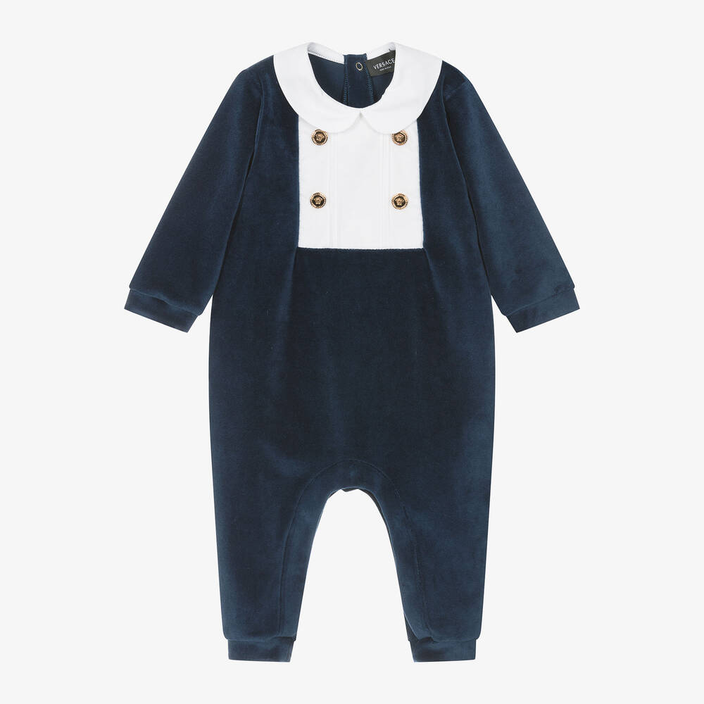 Versace-Boys Blue Velour Babygrow | Childrensalon Outlet